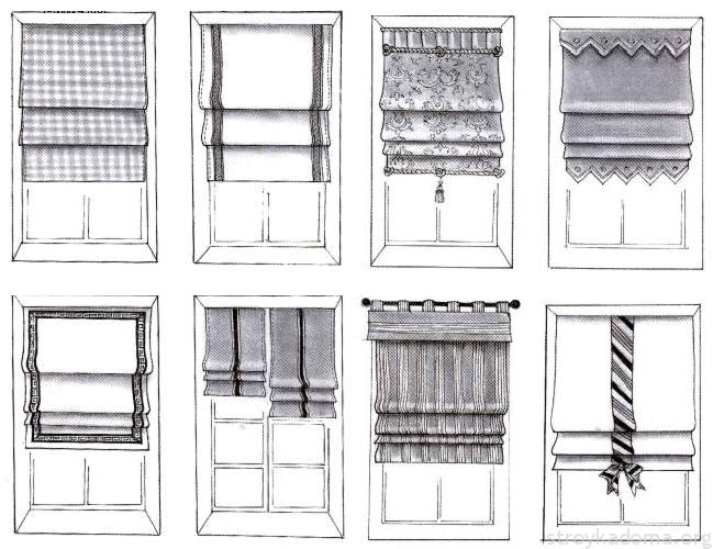 Изображение схематически показывает то, как разнообразно и интересно могут быть оформленные римские шторы